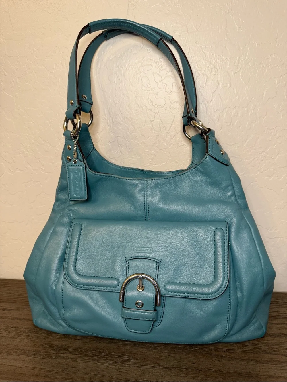 Coach Teal Leather Hobo with Front Buckle Pocket